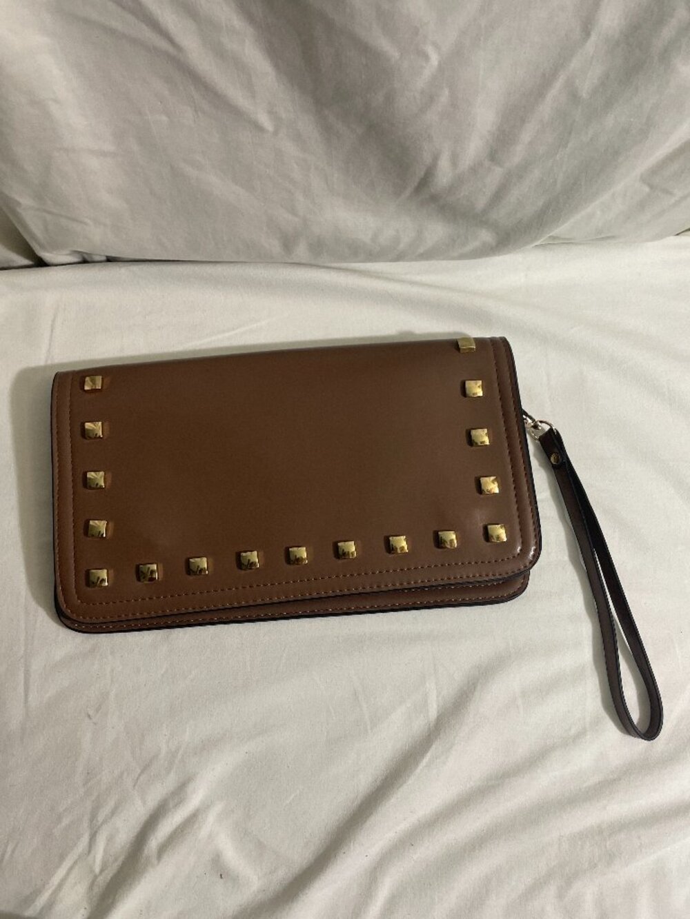 Miztique Brown Studded Wristlet Clutch Wallet Faux Leather Snap Zip Organizer